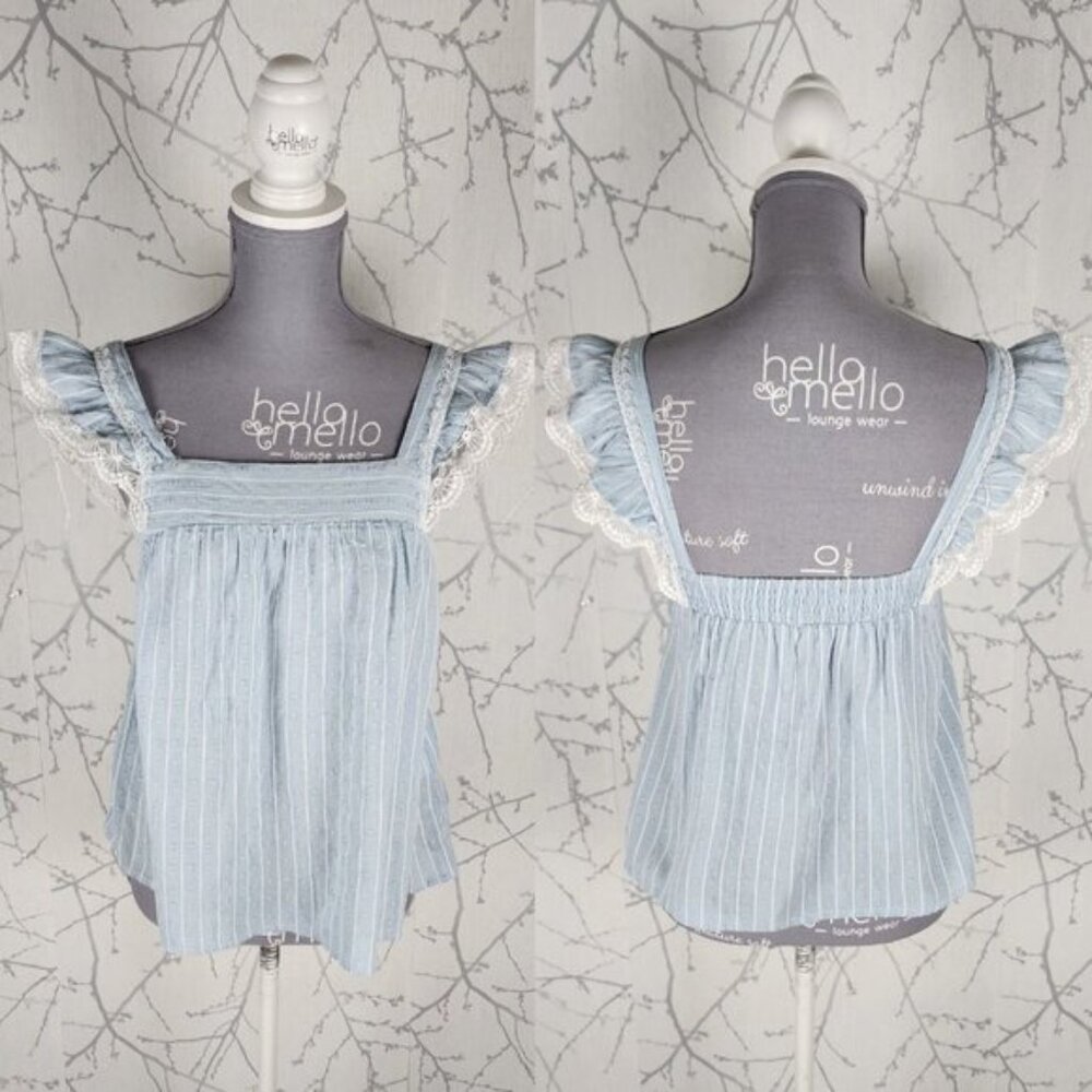 Axara Paris Blue Stripe Square Neck Ruffle Cap Sleeve Top
